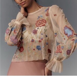 Anthropologie Sheer Floral Embroidered Blouse - Cream and Multicolor